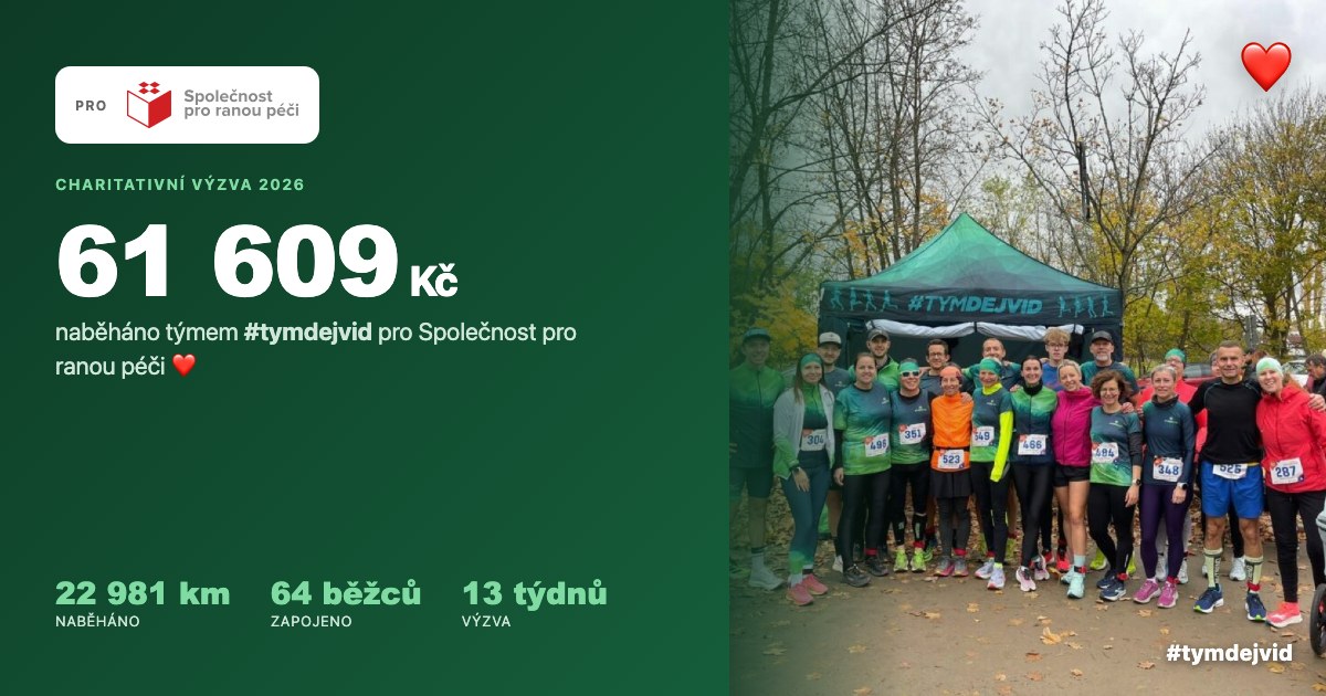 Společnost pro ranou péči × #tymdejvid — 61 609 Kč vybráno, 22 981 km naběháno za 13 týdnů. Skupinová fotka týmu před stanem #TYMDEJVID.