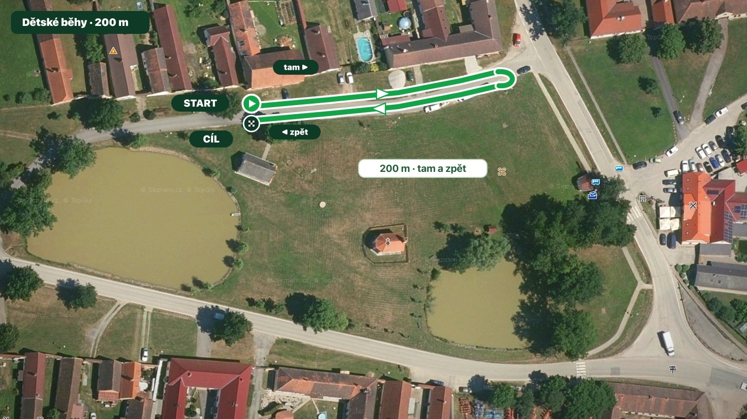 Letecká mapa dětské trati 200 m na návsi v Municích — start a cíl vedle sebe, trať tam a zpět