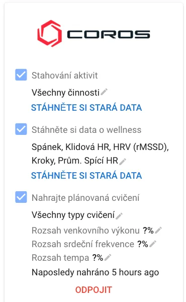 Karta Coros v intervals.icu se zaškrtnutým Nahrajte plánovaná cvičení
