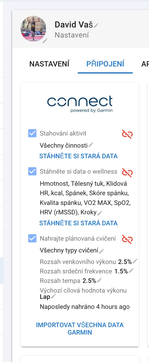 Karta Garmin v intervals.icu se všemi třemi zaškrtnutými volbami — aktivity, wellness data i plánovaná cvičení