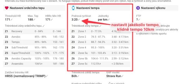 Blok Nastavení tempa v intervals.icu s vyplněným prahovým tempem na záložce BĚH
