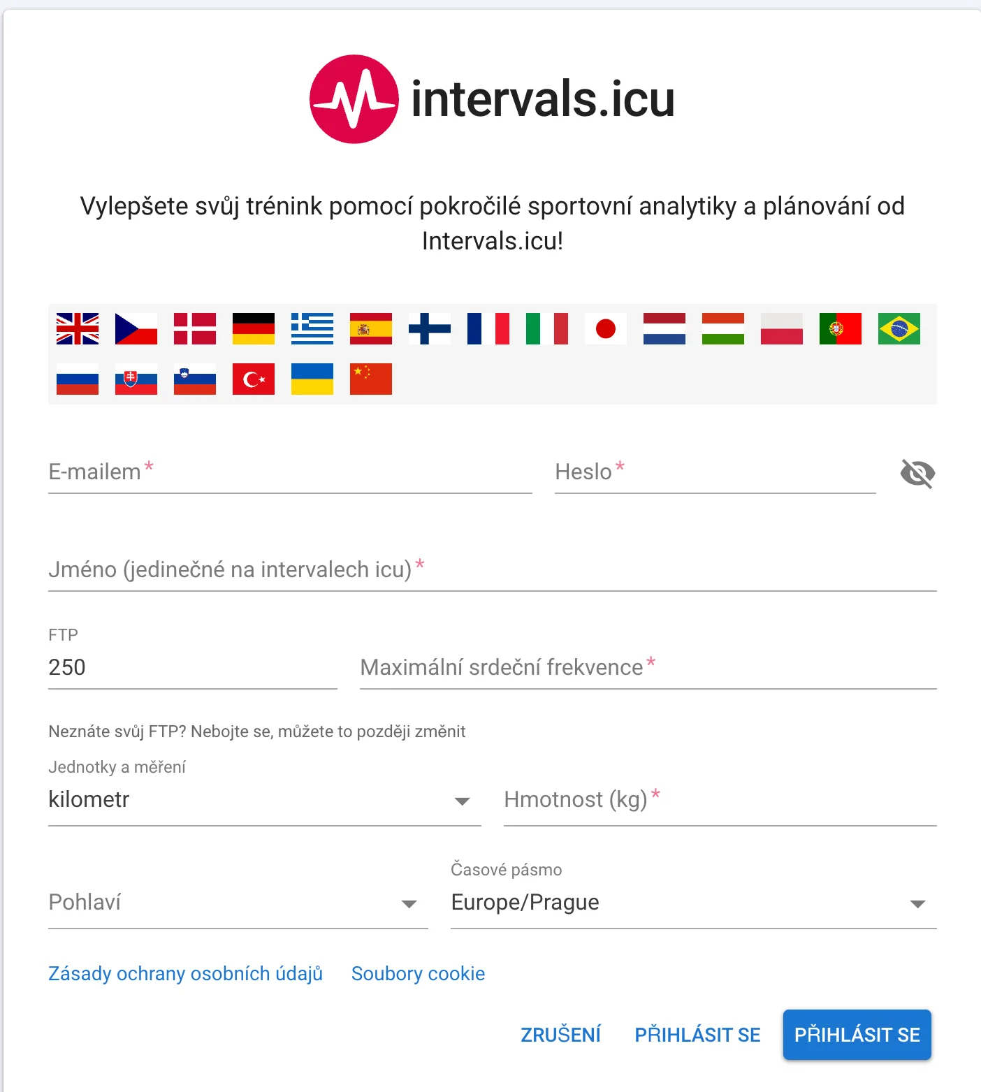Registrační formulář intervals.icu — e-mail, heslo, jméno, jednotky, váha, pohlaví
