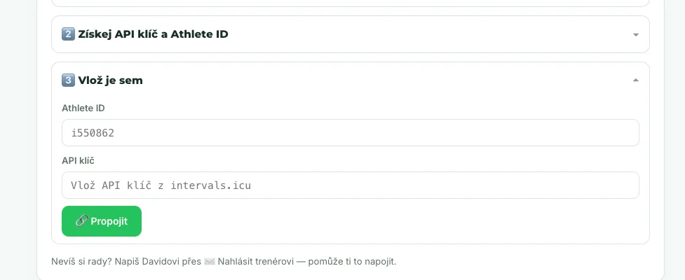Formulář Vlož je sem v Trénink → Aktivity — Athlete ID a API klíč