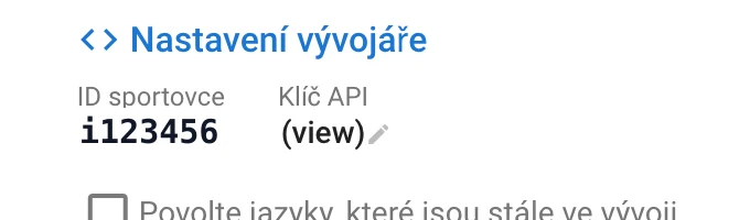 Sekce Nastavení vývojáře v intervals.icu — ID sportovce a Klíč API