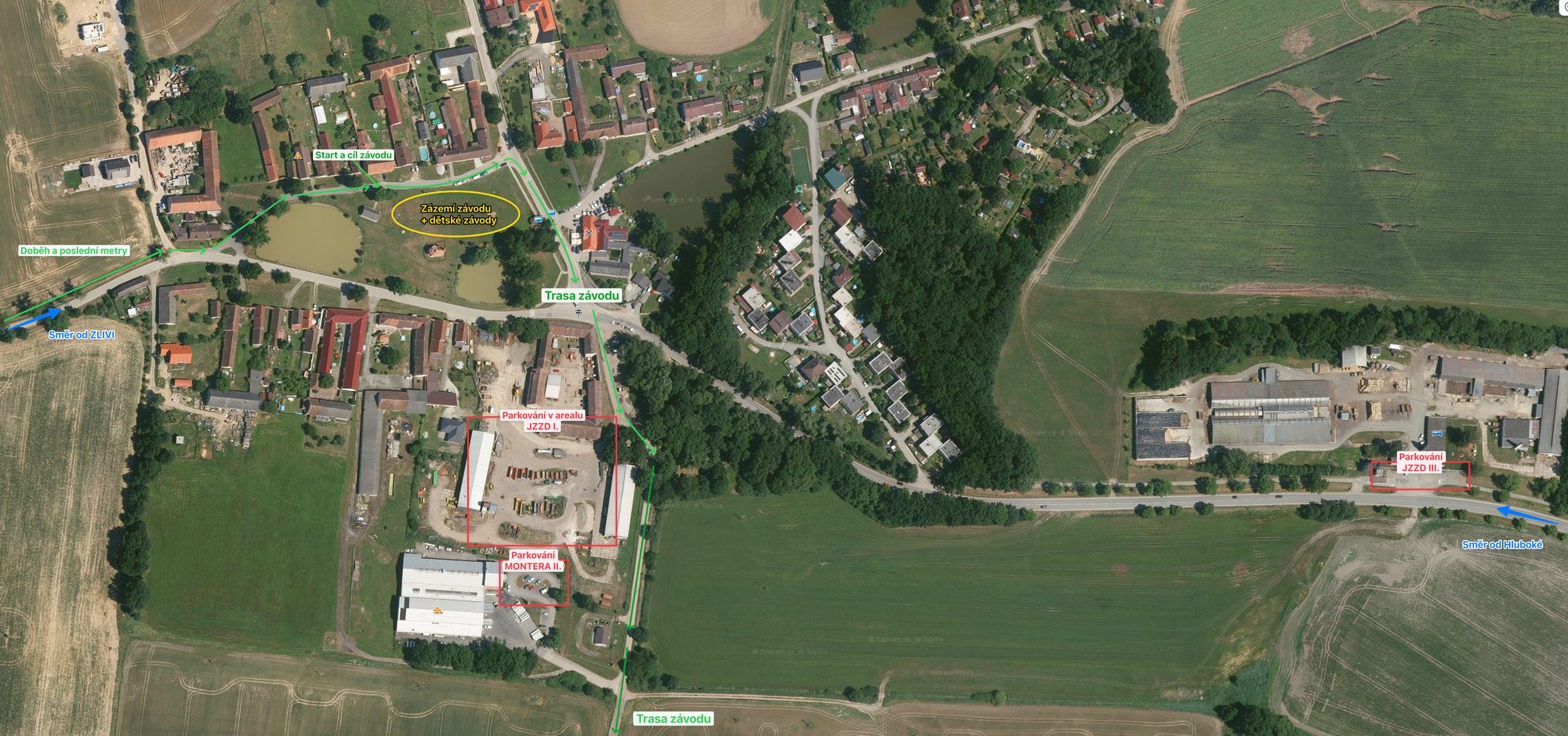 Mapa parkování a zázemí závodu Okolo Muňáku — parkoviště JZZD I., Montera II. a JZZD III., start a cíl na návsi v Municích, trasa závodu a směry příjezdu od Zlivi a od Hluboké