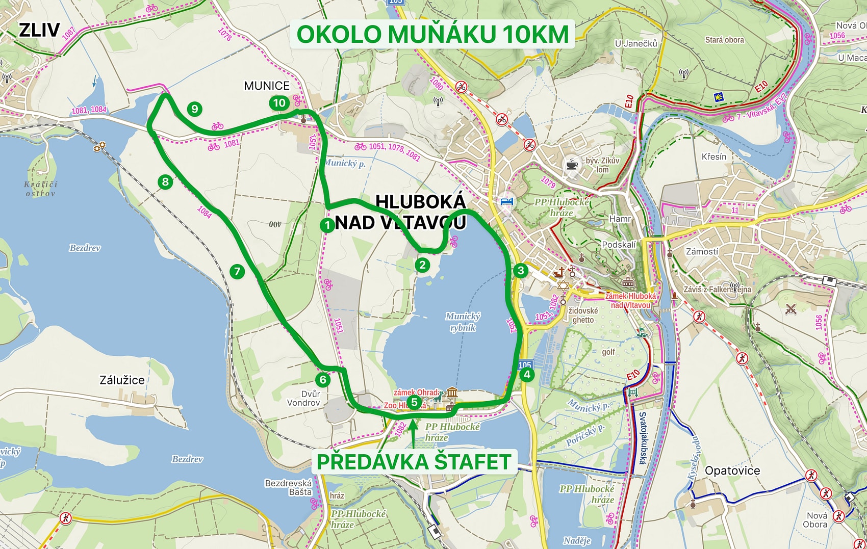 Mapa trasy závodu Okolo Muňáku — 10 km kolem Munického rybníka přes Hlubokou nad Vltavou a Dvůr Vondrov ke Zlivi a zpět do Munic, se směrem závodu
